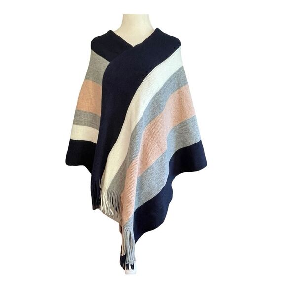 Striped Poncho Sweater Pink Gray Blue White Knit Fringed Detail Pull-Over OS - Picture 1 of 3